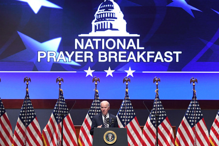 President Joe Biden speaks at the 70th National Prayer Breakfast at the U.S. Capitol in Washington, D.C., on Feb. 3, 2022.