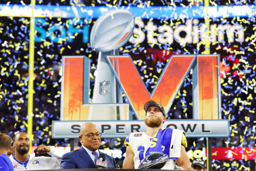 Los Angles Rams wide receiver Cooper Kupp (10) of the Los Angeles Rams celebrates after winning Super Bowl LVI at SoFi Stadium on Feb. 13, 2022 in Inglewood, California.