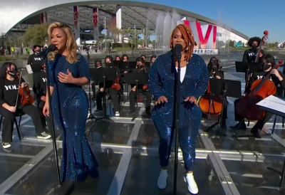 Gospel duo Mary Mary perform before Super Bowl LVI in Inglewood, California, on Feb. 13, 2022.