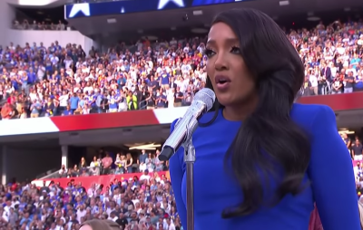 Mickey Guyton performs the national anthem at Super Bowl LVI in Inglewood, California, on Feb. 13, 2022.