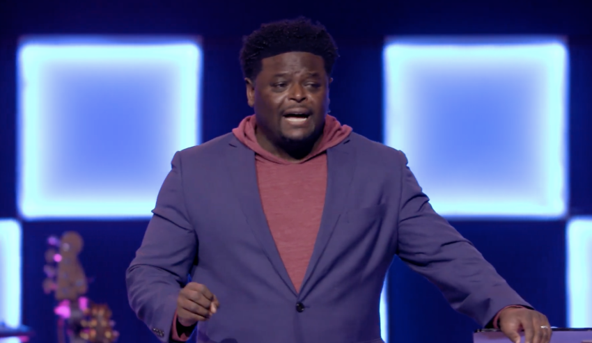 Ex-NFL player Derwin Gray, the pastor of Transformation Church in South Carolina, preaches a sermon about "the Great Resignation" on Feb. 13 2022. 