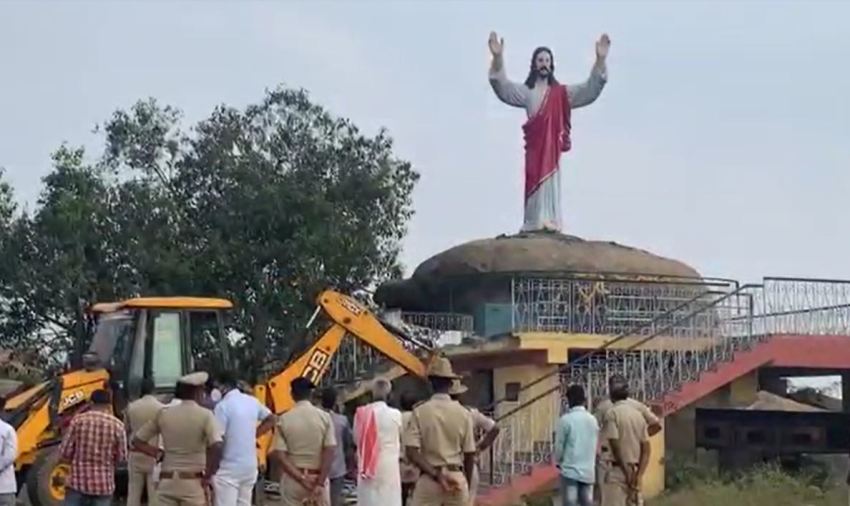A 20-foot tall Jesus statue stands before it was demolished by the government in India's Karnataka state in February 2022.