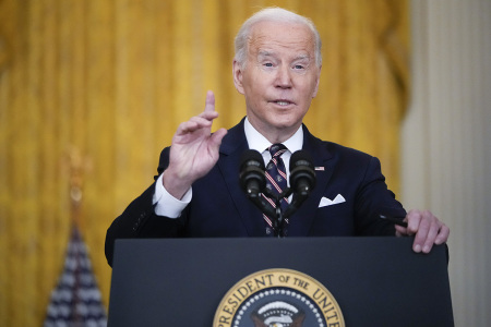 President Joe Biden speaks on developments in Ukraine and Russia and announces sanctions against Russia from the East Room of the White House on Feb. 22, 2022, in Washington, D.C. The White House earlier in the day called Russia’s deployment of troops into two pro-Russian separatist regions of Ukraine “the beginnings of an invasion.”