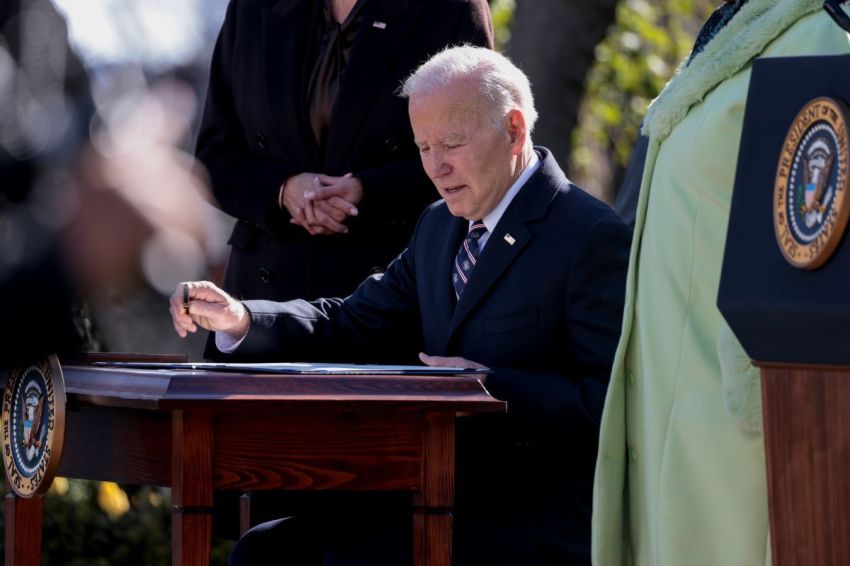 President Joe Biden signs the H.R. 55, the Emmett Till Antilynching Act, at an event in the Rose Garden of the White House on March 29, 2022, in Washington, D.C.