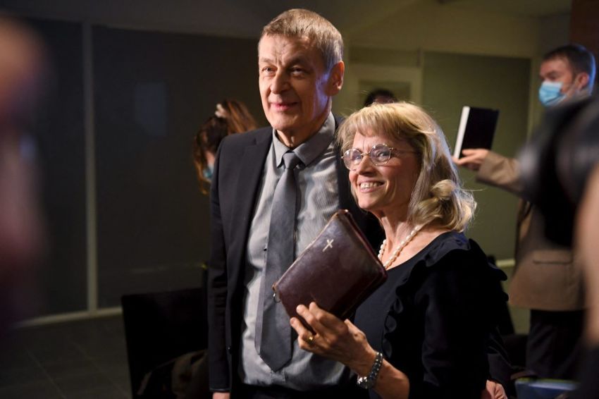 Päivi Räsänen holds a Bible as she arrives with her husband, Niilo Rasanen, to attend a court session at the Helsinki District Court in Helsinki, Finland on Jan. 24, 2022. 