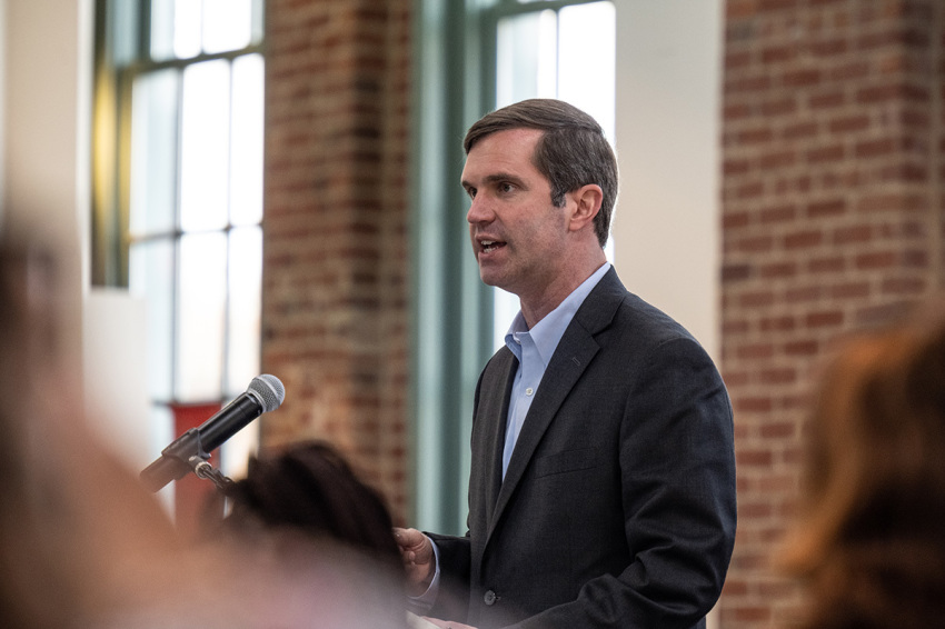 Kentucky Gov. Andy Beshear speaks at the Center for African American Heritage during a bill signing event on April 9, 2021, in Louisville, Kentucky.