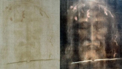 A photo shows a regular image of the face on the Shroud of Turin next to a digitally processed one.