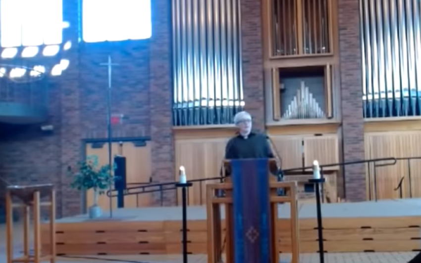 The Rev. Andrea Roske-Metcalfe preaches at a chapel service at Augsberg University on March 11, 2022.