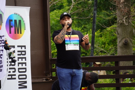 A crowd member named Luis Javier Ruiz led a prayer at the Freedom march at the Sylvan Theater in Washington, D.C., on June 11, 2022.
