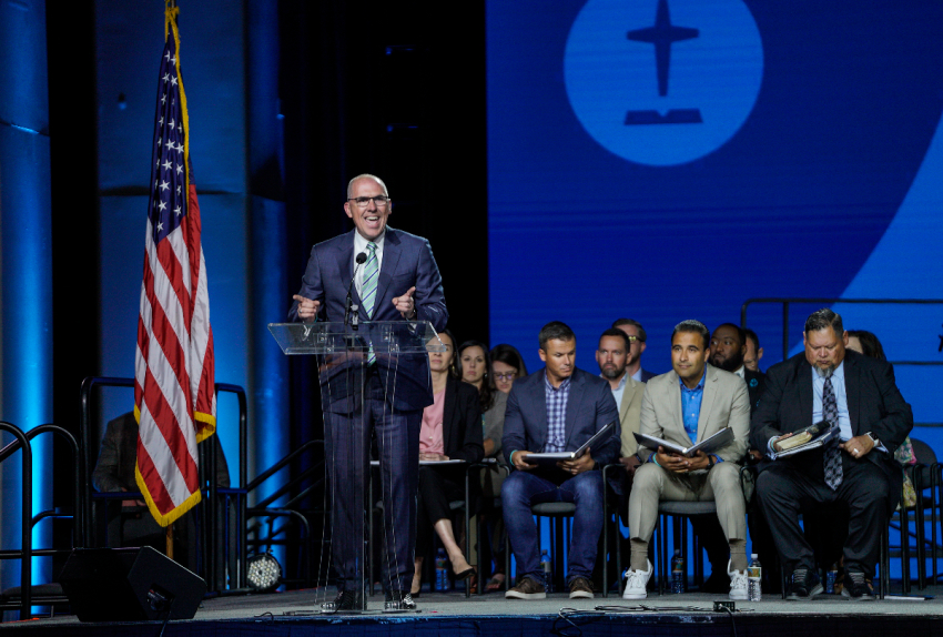 Bart Barber speaks at the Southern Baptist Convention Annual Meeting in Anaheim, California on June 14, 2022.