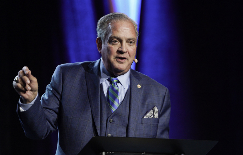 Al Mohler, president of The Southern Baptist Theological Seminary, speaks at the Southern Baptist Convention Annual Meeting in Anaheim, California, on June 15, 2022.