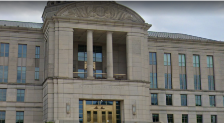 The Iowa Judicial Branch building, home of the Iowa Supreme Court, in Des Moines, Iowa.