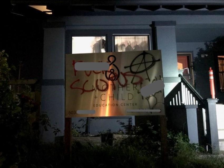 Police say this pregnancy education center was among several businesses that were vandalized.