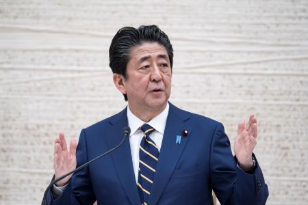 Japan's Prime Minister Shinzo Abe speaks during a press conference at the prime minister's official residence on April 07, 2020 in Tokyo, Japan. The Japanese Prime Minister has declared a state of emergency that will cover 7 of Japan’s 47 prefectures, including Tokyo and Osaka, as the Covid-19 coronavirus outbreak continues to spread in the country. The move will allow affected prefectures to take measures including expropriating private land and buildings and requisitioning medical supplies and food from companies that refuse to sell them.