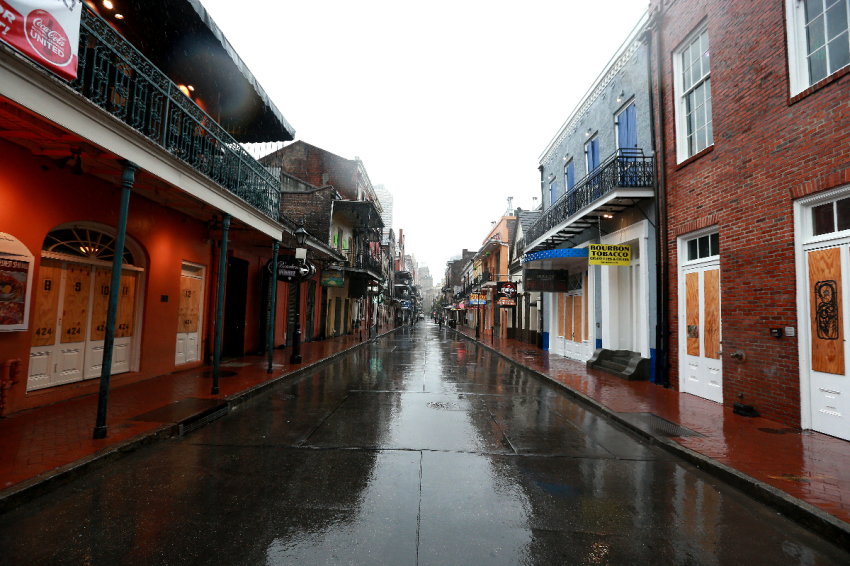 Rain falls on Bourbon St. in the French Quarter as Tropical Storm Cristobal nears the coast on June 07, 2020, in New Orleans, Louisiana.