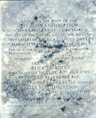 The gravestone of the Rev. John Cuthbertson (1718-1791) and his wife.