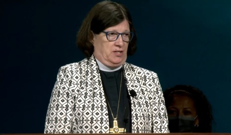 Presiding Bishop Elizabeth Eaton, head of the Evangelical Lutheran Church in America, gives remarks at the ELCA Churchwide Assembly in Columbus, Ohio, on Tuesday, Aug. 9, 2022.