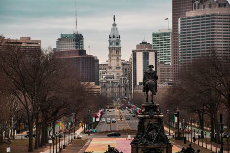 Traffic moves in downtown Philadelphia, Pennsylvania, in this undated file photo taken from the "Rocky Steps" at the Philadelphia Museum of Art of City Hall.