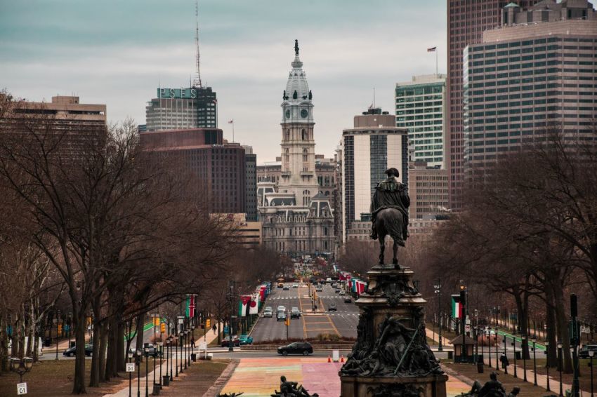 Traffic moves in downtown Philadelphia, Pennsylvania, in this undated file photo taken from the "Rocky Steps" at the Philadelphia Museum of Art of City Hall.