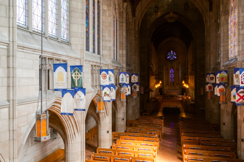 An interior view of the nave looking toward the high altar at the Cathedral of St. John the Evangelist in Spokane, Washington.