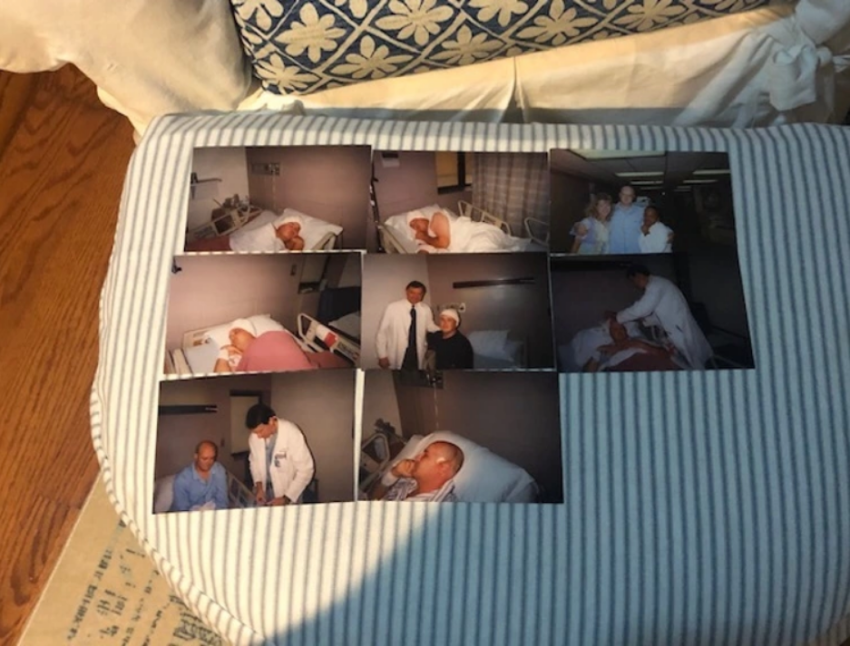 Photographs of Joey Gaines after the surgery that removed a portion of his brain in 1999 are displayed on a pillow.