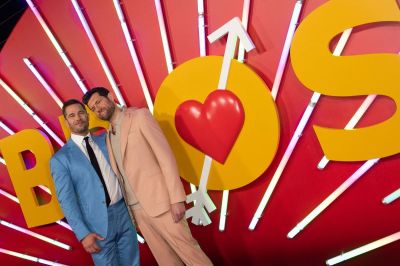 US actor Billy Eichner (R) and US-Canadian actor Luke Macfarlane arrive for the premiere of Universal Pictures's