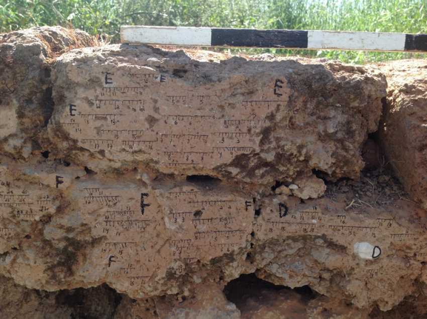 A burnt mud brick wall from Tel Batash (Biblical Timnah) is marked for field orientation. Timnah was a a Philistine city in Canaan mentioned in the Bible.