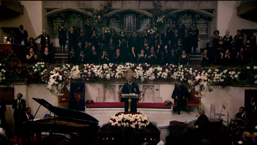 Rev. Darrell Griffin officiates the memorial service for late Abyssinian Baptist Church leader Calvin O. Butts, III, on November 4, 2022.
