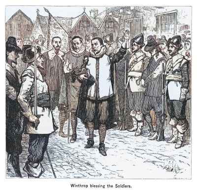 Old engraved illustration of Governor John Winthrop blessing soldiers holding Samuel Gorton for heresy, Massachusetts (1643).