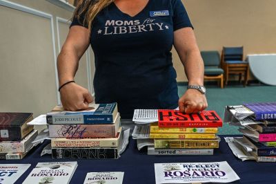 Jennifer Pippin, president of the Indian River County chapter of Moms for Liberty, attends Jacqueline Rosario's campaign event in Vero Beach, Florida, on October 16, 2022.