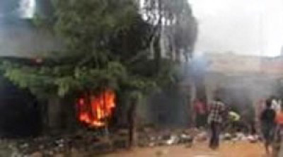 Burning home where cell fellowship met in Luuka, Uganda, on Nov. 20, 2022.