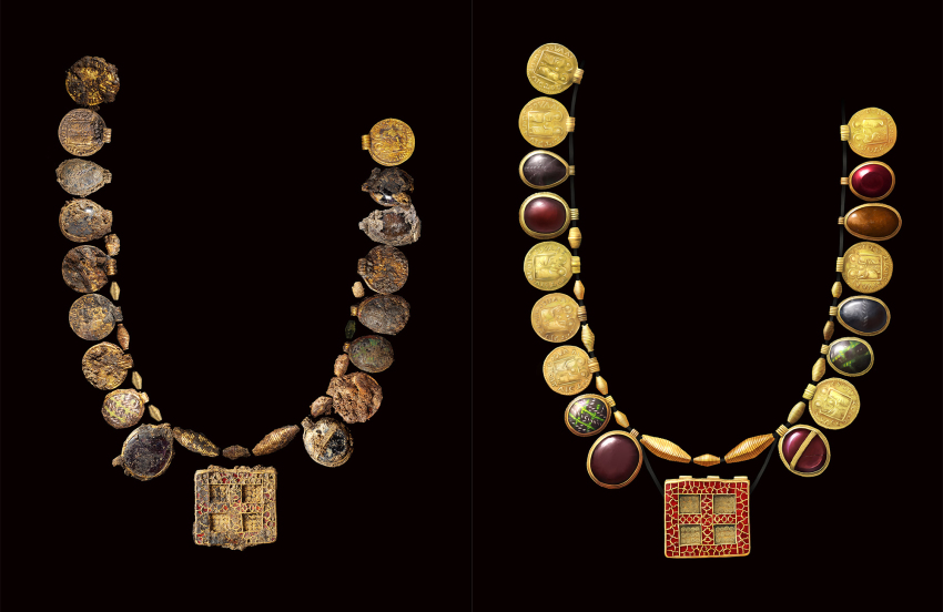 The "Harpole Treasure" necklace dates back to the seventh-century and was discovered in Northhamptonshire, England, in April 2022.