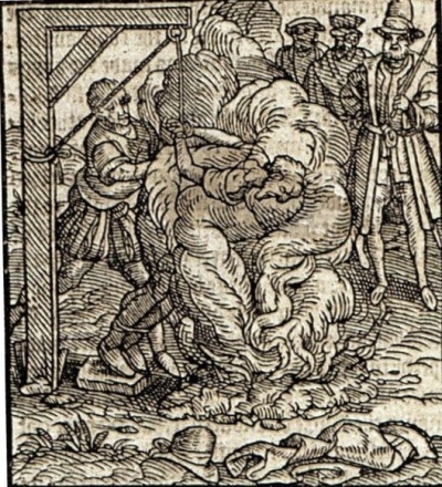 A 16th century image of Sir John Oldcastle (c.1378-1417) being burned at the stake.