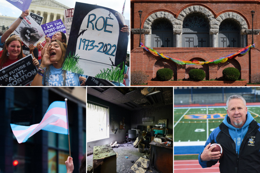 Top Left: Anti-abortion campaigners celebrate outside the U.S. Supreme Court in Washington, D.C., on June 24, 2022; The First United Methodist Church in Little Rock, Arkansas, displays an LGBT rainbow decoration. Bottom Left: A hand holds up a small transgender pride flag; CompassCare, a pro-life pregnancy center in Amherst, New York, firebombed on June 7, 2022; Coach Joe Kennedy at the Bremerton High School football field.