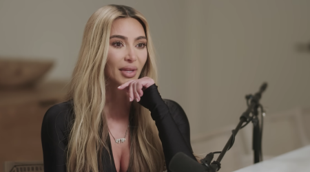 Kim Kardashian breaks down crying during an interview on the "Angie Martinez IRL Podcast" in late December 2022.