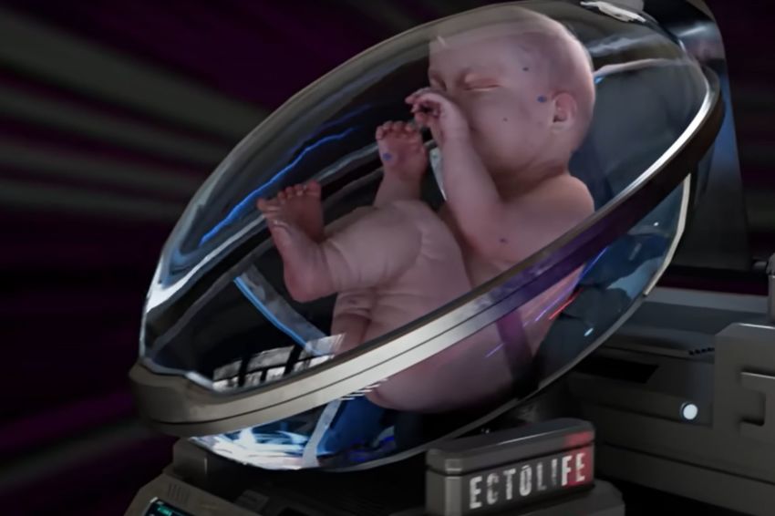 A baby grows inside of a pod marked "ECTOLIFE" in a video published by Hashem Al-Ghaili on Dec. 9, 2022 promoting artificial womb technology. 