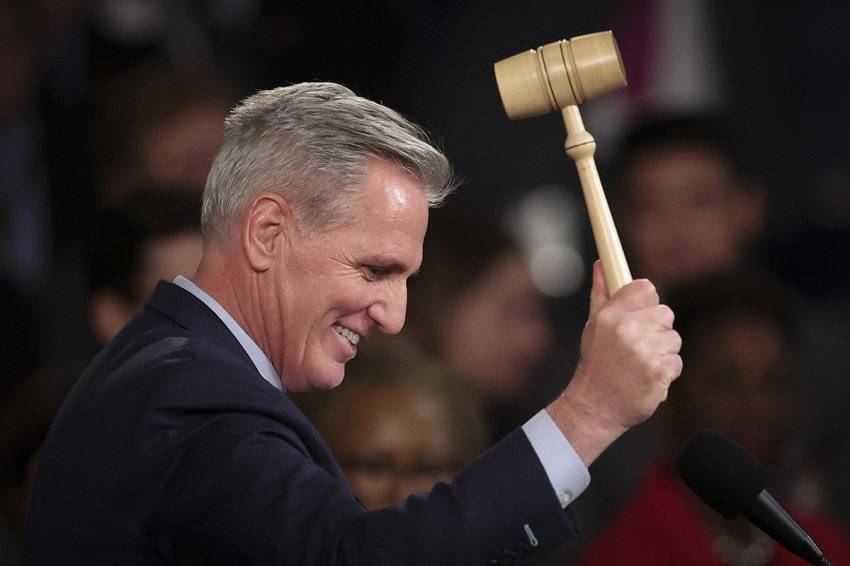 Speaker of the House Kevin McCarthy, R-Calif., celebrates while holding the speaker's gavel after being elected as speaker in the House at the U.S. Capitol on January 07, 2023, in Washington, D.C. After four days of voting and 15 ballots McCarthy secured enough votes to become speaker of the House for the 118th Congress.