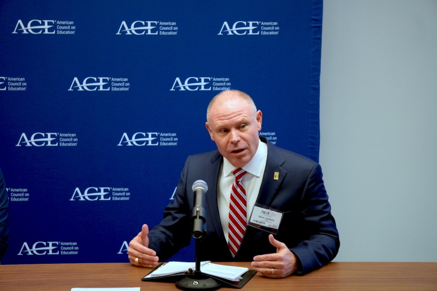 Brad Johnson, the president of the College of the Ozarks, speaks at the American Council on Education on Jan. 12, 2023, in Washington, D.C.