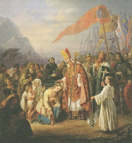A 19th century painting of Saint Henry, a 12th century bishop and missionary to Scandinavia, baptizing the Finns at the spring of Kuppis.