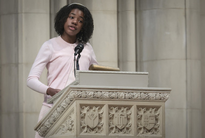 Yolanda Renee King, the granddaughter of Martin Luther King Jr., preaches at the Washington National Cathedral on January 18, 2022, in Washington, D.C. King spoke from the cathedral's Canterbury Pulpit, the same pulpit Martin Luther King Jr. spoke from on his last Sunday sermon before his death.