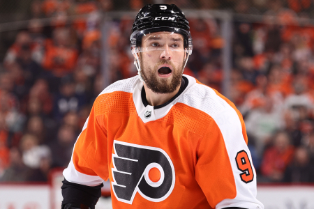 Ivan Provorov of the Philadelphia Flyers plays in a game against the New Jersey Devils at Wells Fargo Center on October 13, 2022, in Philadelphia, Pennsylvania.