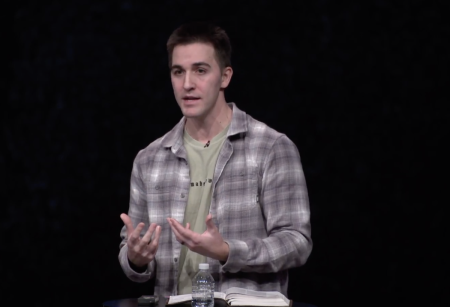 Austin Hamrick, an assistant pastor at Cornerstone Chapel in Leesburg, Virginia, speaks during a sermon on Jan. 16, 2023.