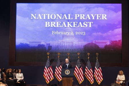 U.S. President Joe Biden delivers remarks at the National Prayer Breakfast at the U.S. Capitol on February 02, 2023, in Washington, D.C. The National Prayer Breakfast is a yearly bipartisan event that brings together religious leaders and politicians for a morning of prayer and reflection.