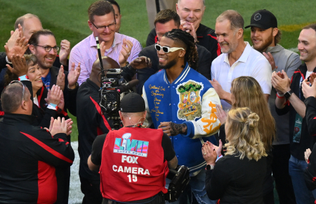 Buffalo Bills safety Damar Hamlin stands with the medical personnel that cared for him after he collapsed on-field earlier this year ahead of Super Bowl LVII between the Kansas City Chiefs and the Philadelphia Eagles at State Farm Stadium in Glendale, Arizona, on February 12, 2023.