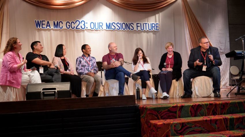 WEA Mission Commission Executive Director Jay Matenga introduces the new leadership team at The 15th Global Consultation in Chiang Mai, Thailand, a conference that took place from Jan. 30 to Feb. 3, 2023.