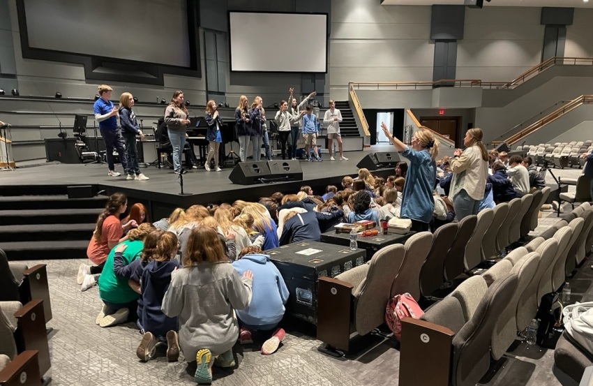 Students at Grace Christian Academy of Knoxville, Tennessee gather for worship days after a revival begins at Asbury University of Wilmore, Kentucky in February 2023.