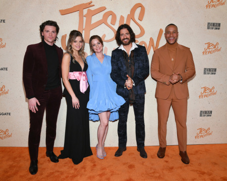 Joel Courtney, Anna Grace Barlow, Kimberly Williams-Paisley, Jonathan Roumie and DeVon Franklin appear at "Jesus Revolution" premiere.