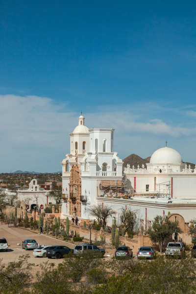 The San Xavier del Bac Mission in Tucson, Arizona, is a rare example of non-revival baroque architecture.
