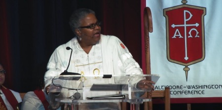 Bishop LaTrelle Easterling of The Baltimore-Washington Conference of The United Methodist Church gives remarks at a 2019 meeting of the regional body.
