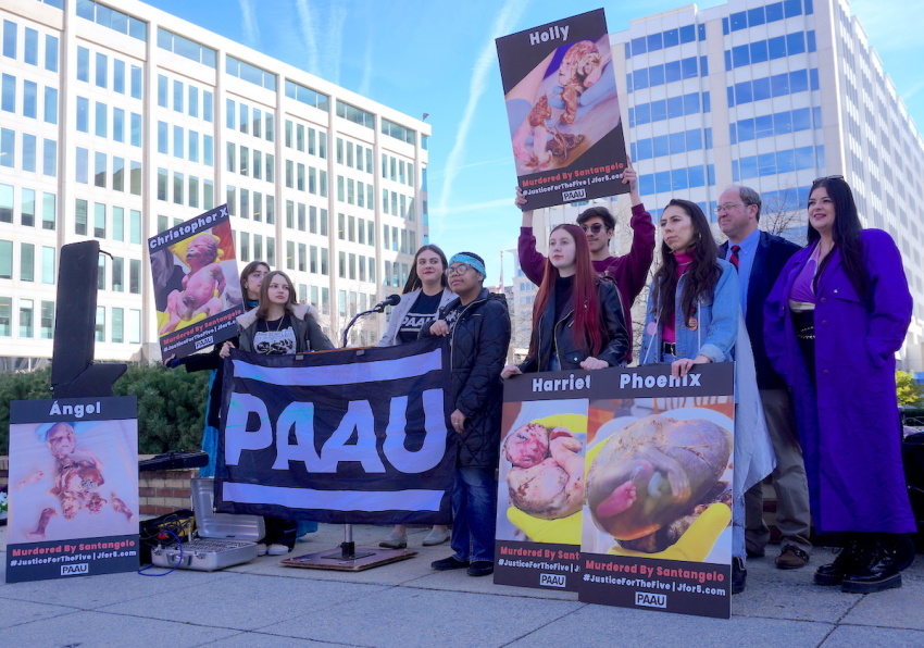 Demonstrators speak at the Progressive Anti-Abortion Uprising's press conference and demonstration outside the D.C. Board of Medicine office in Washington, D.C. on March 21, 2023. PAAU held a weeklong series of events to raise awareness and call for